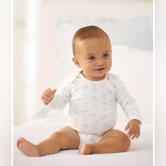 NWT Ralph Lauren Toys Organic Cotton Bodysuit in White & Blue 6-9M DEFECTIVE - Picture 1 of 16